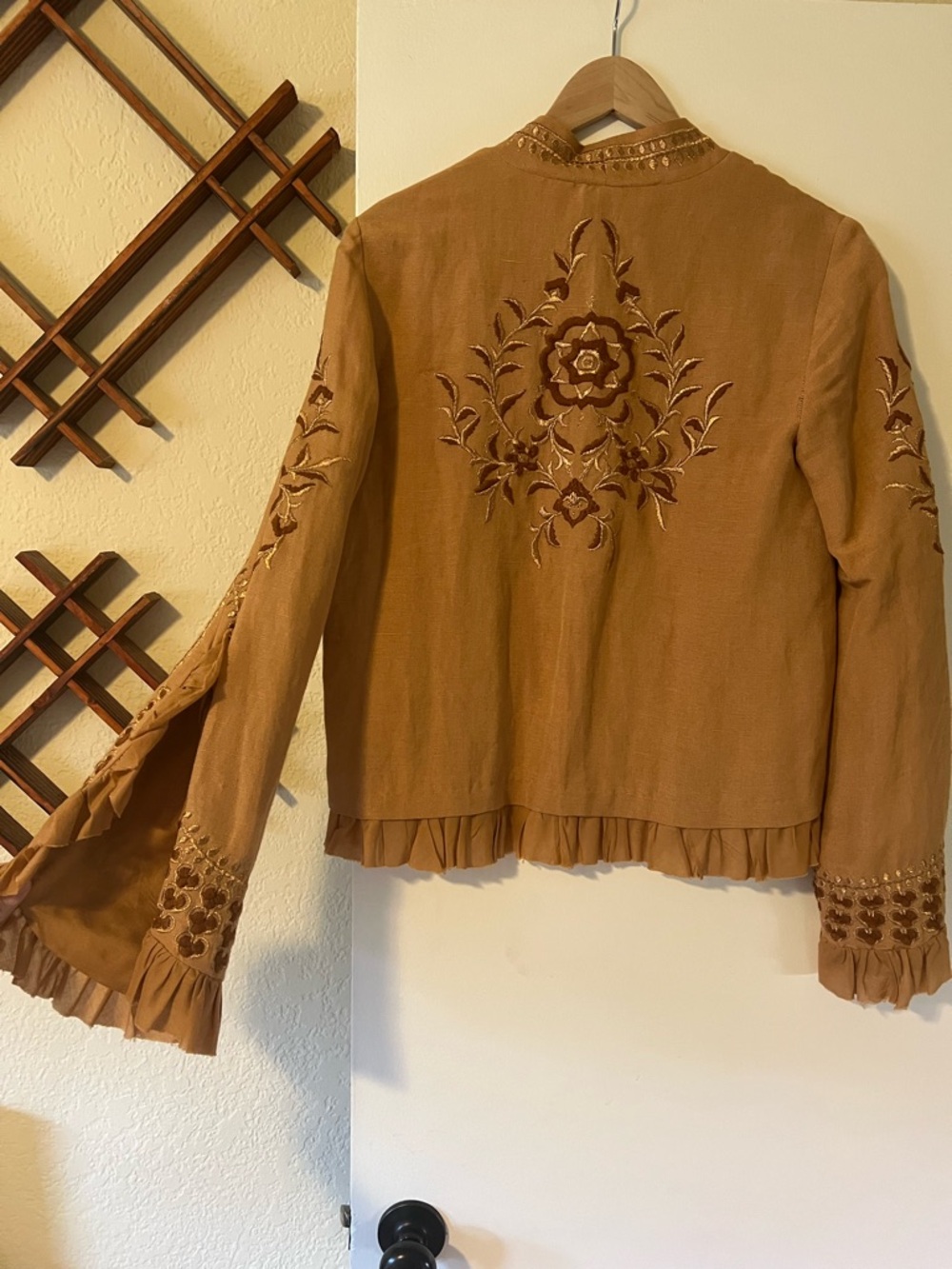 Free People Women's Embroidered Open-Front Fringe Boho Jacket - Camel Brown